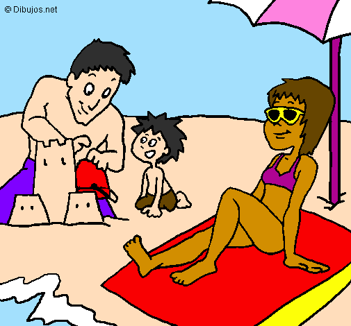 Desenho Família férias pintado por familia na praia