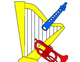 Desenho Harpa, flauta e trompeta pintado por anabela