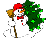Desenho Boneco de neve e árvore de natal pintado por pipa