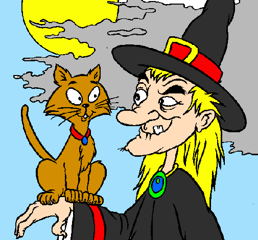 Desenho Bruxa e gato pintado por Ana Felícia