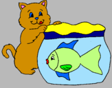 Desenho Gato e peixe pintado por Luiza rulli 