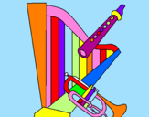 Desenho Harpa, flauta e trompeta pintado por marcela 8 anos