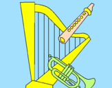 Desenho Harpa, flauta e trompeta pintado por miriam
