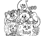 Desenho Halloween pintado por abobora e gato