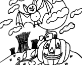 Desenho Paisagem Halloween pintado por morcego e abóbora