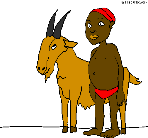 Desenho Cabra e criança africana pintado por o cassador africano