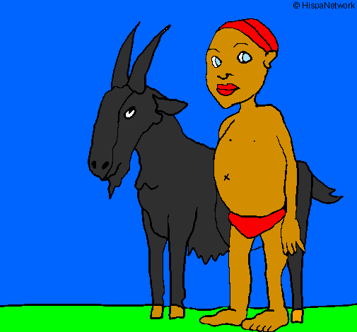 Desenho Cabra e criança africana pintado por aline de lima rodrigues