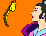 Desenho Mulher e pássaro pintado por Gisele