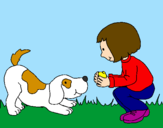 Desenho Menina e cão a brincar pintado por mano