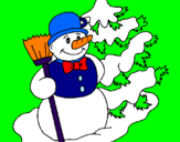 Desenho Boneco de neve e árvore de natal pintado por papai noel ana clara