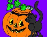 Desenho Abóbora e gato pintado por halloween
