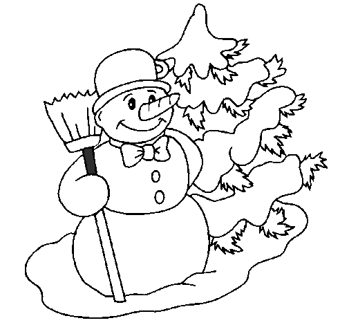 Desenho Boneco de neve e árvore de natal pintado por gelo