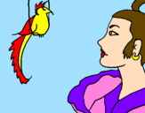 Desenho Mulher e pássaro pintado por anahi