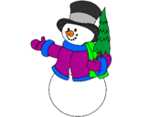 Desenho boneco de neve com árvores pintado por Raposa
