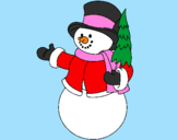 Desenho boneco de neve com árvores pintado por giovana e ana