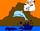 Desenho Golfinho e gaviota pintado por manuela