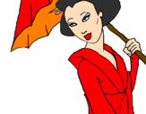 Desenho Geisha com chapéu de chuva pintado por giovana