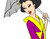 Desenho Geisha com chapéu de chuva pintado por gabi