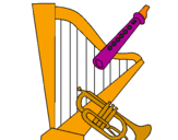 Desenho Harpa, flauta e trompeta pintado por heloisa v.