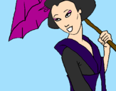 Desenho Geisha com chapéu de chuva pintado por Victória