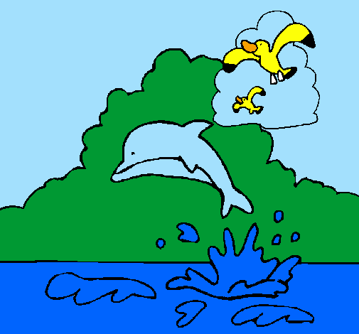Desenho Golfinho e gaviota pintado por kaka
