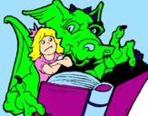 Desenho Dragão, menina e livro pintado por ranan luiz