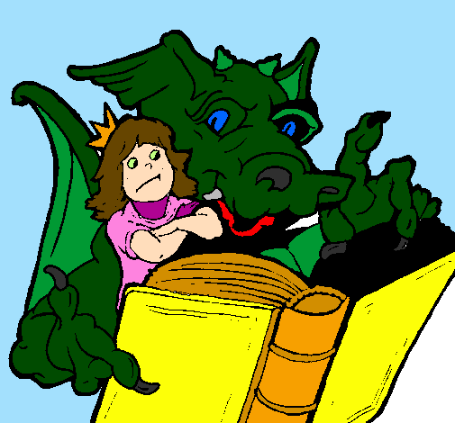Desenho Dragão, menina e livro pintado por william samuel