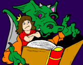 Desenho Dragão, menina e livro pintado por Bruno