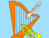 Desenho Harpa, flauta e trompeta pintado por pucca