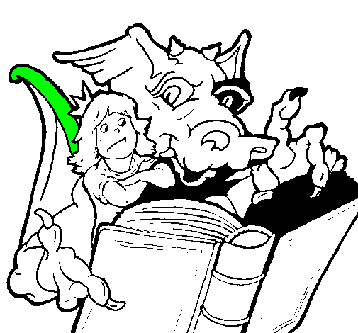 Desenho Dragão, menina e livro pintado por ekaitz
