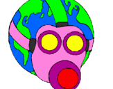 Desenho Terra com máscara de gás pintado por Ana
