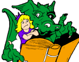 Desenho Dragão, menina e livro pintado por rafaela2001