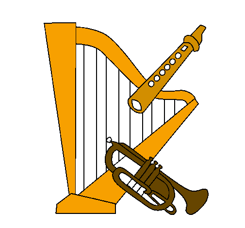 Desenho Harpa, flauta e trompeta pintado por cócó