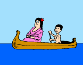 Desenho Mãe e filho em canoa pintado por rio sucuru só de canoa