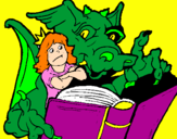 Desenho Dragão, menina e livro pintado por gabriel