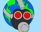 Desenho Terra com máscara de gás pintado por Luiz Augusto