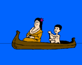 Desenho Mãe e filho em canoa pintado por bruno