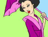 Desenho Geisha com chapéu de chuva pintado por maria alice e vitoria