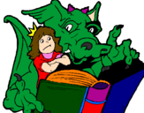 Desenho Dragão, menina e livro pintado por leticia3d