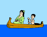 Desenho Mãe e filho em canoa pintado por tarcisio