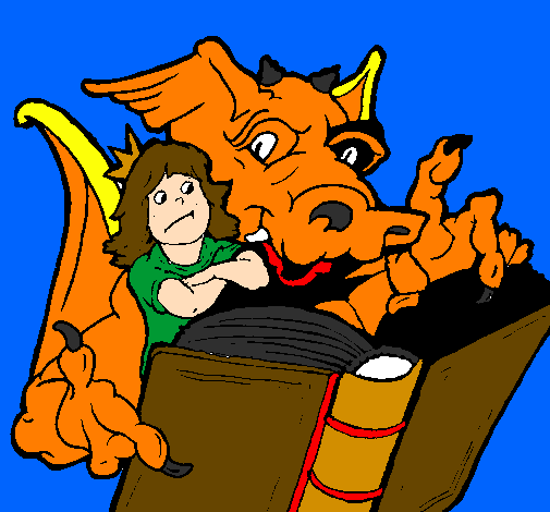 Desenho Dragão, menina e livro pintado por linokaa