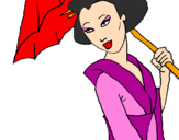 Desenho Geisha com chapéu de chuva pintado por Sandra Pais