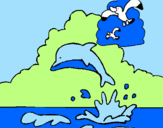 Desenho Golfinho e gaviota pintado por ana caroina