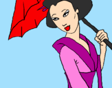 Desenho Geisha com chapéu de chuva pintado por thais