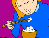 Desenho A comer arroz pintado por Cecilia Muniz
