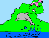 Desenho Golfinho e gaviota pintado por samira ayumi