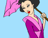 Desenho Geisha com chapéu de chuva pintado por daniel