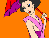 Desenho Geisha com chapéu de chuva pintado por lulu