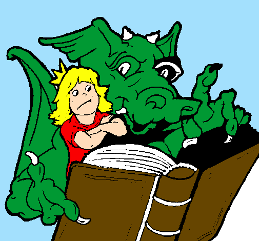 Desenho Dragão, menina e livro pintado por leozinho