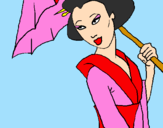 Desenho Geisha com chapéu de chuva pintado por susy